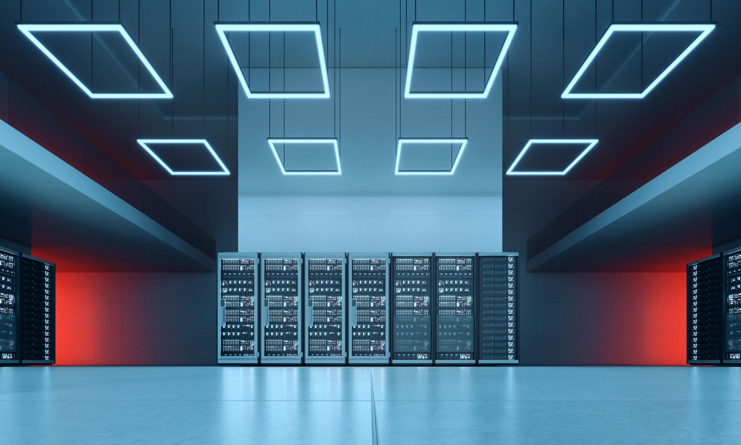 Futuristic data center server hall representing cloud infrastructure