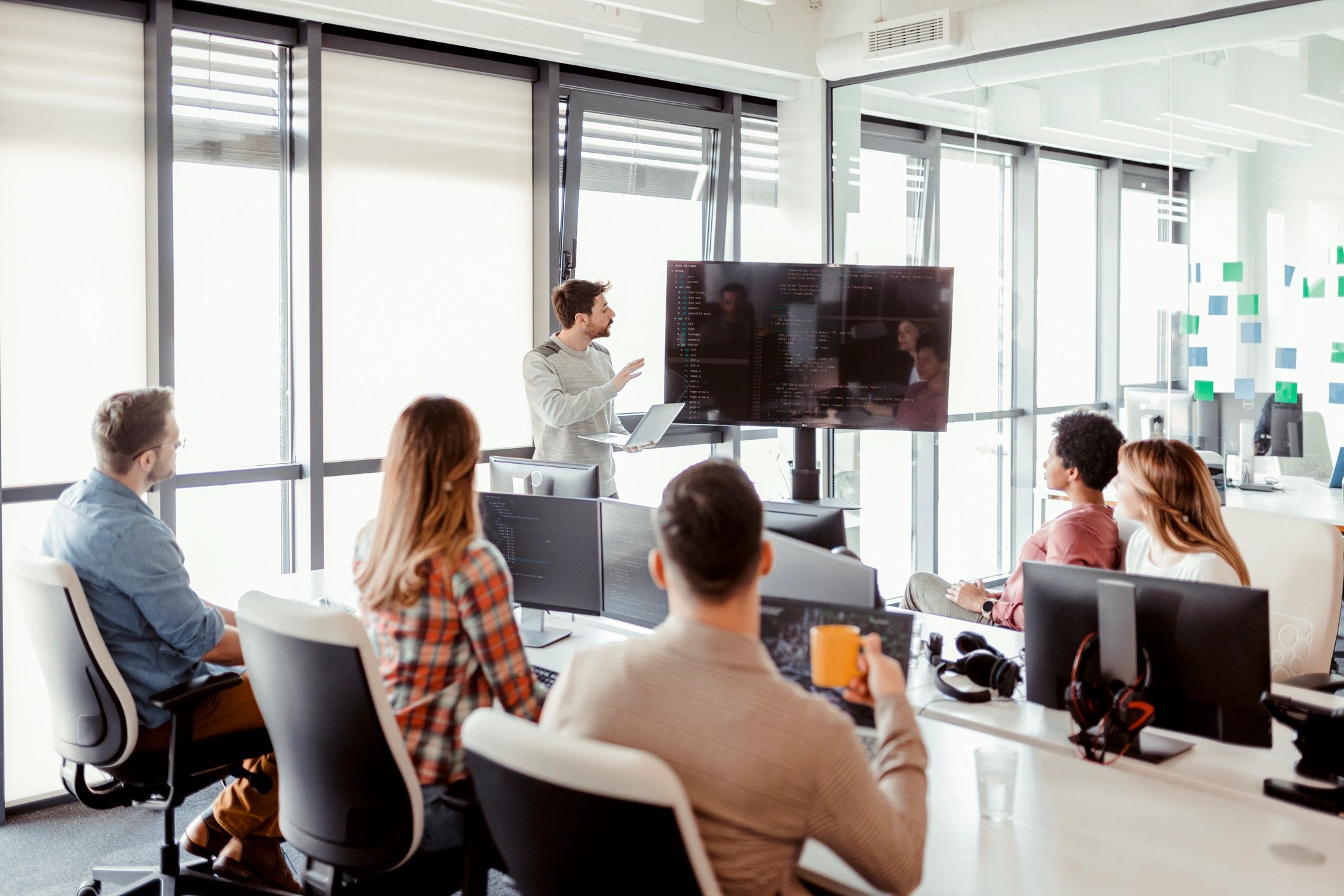 Team discussing a project in a meeting room
