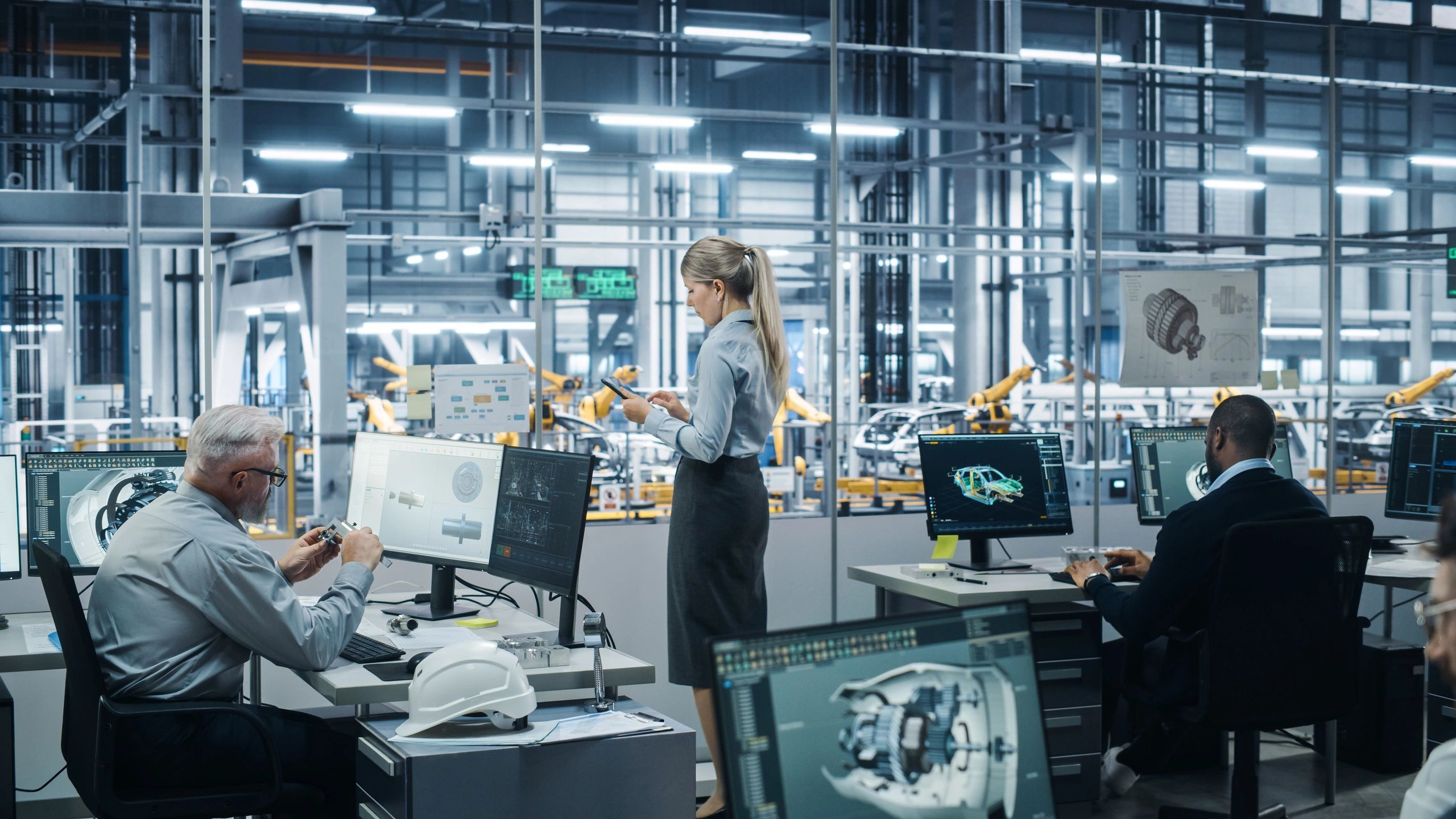 Engineering team in a smart factory reviewing advanced manufacturing systems