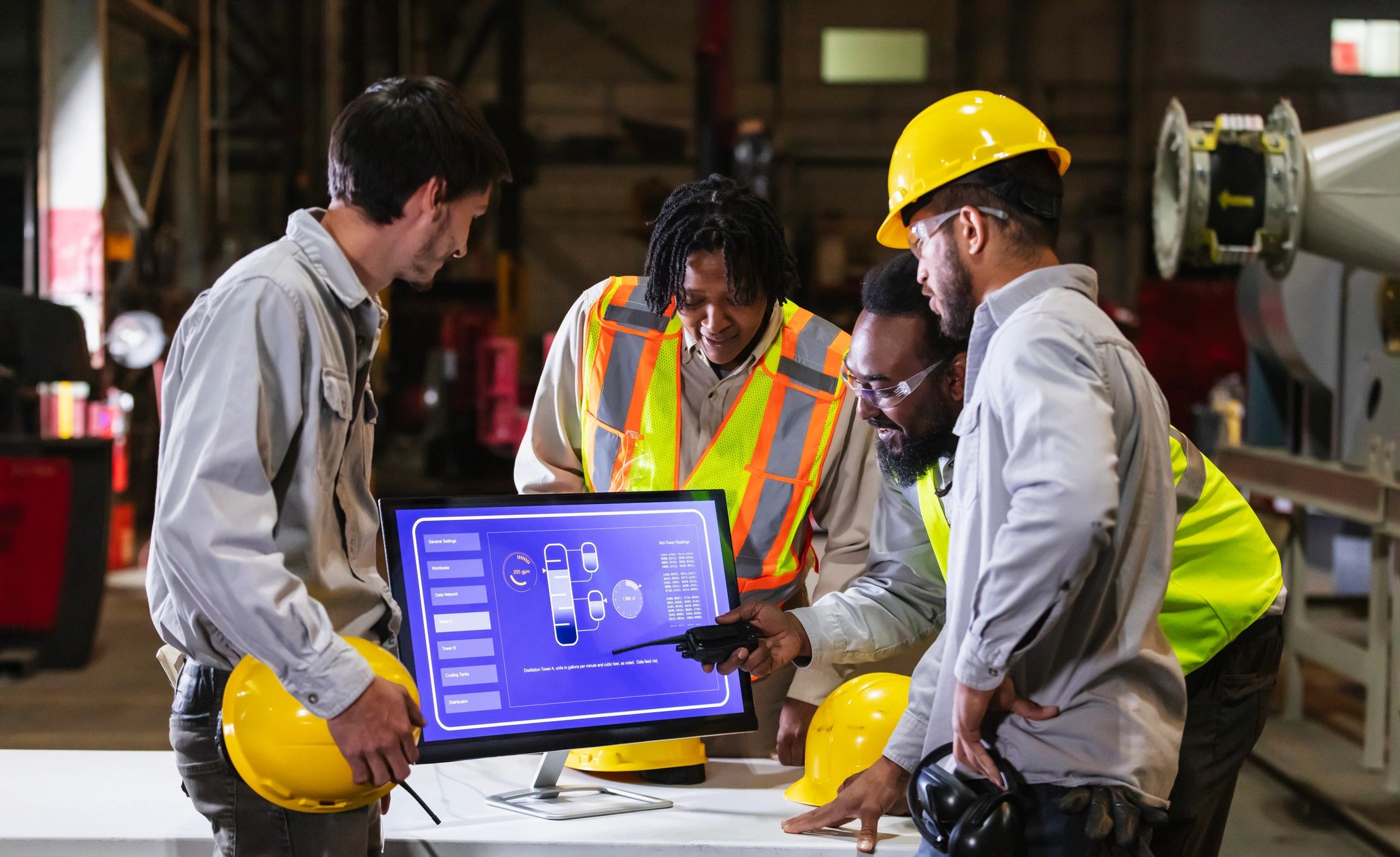 Engineers in factory using computer monitoring system